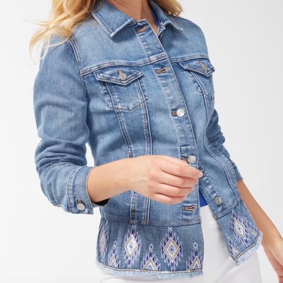 Chicos Embroidered Peplum Denim Jacket - Picture 4 of 9